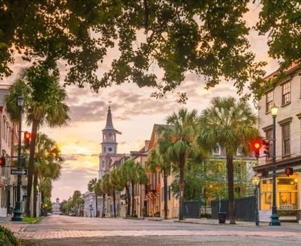 A picturesque street scene at sunset